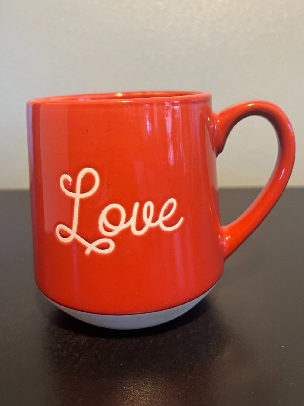 “LOVE” Incised Glossy Red Glazed Stoneware Mug w/ Unglazed Base ~ Hygge ~ #LOVE